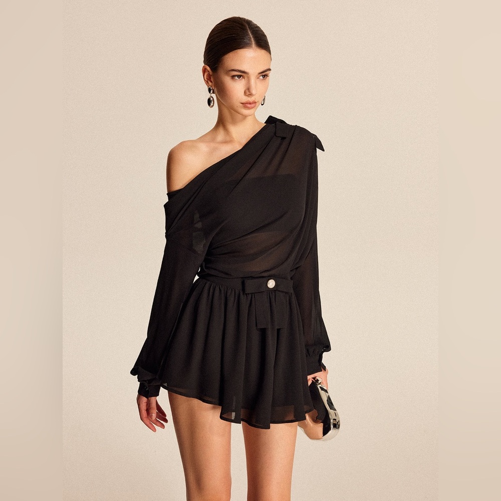 Semi-Sheer Chiffon One-Shoulder Bow Detail Skirt Set
